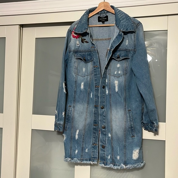 Haute Monde L.A designed distress long denim embroidery jacket sz L - Picture 1 of 9